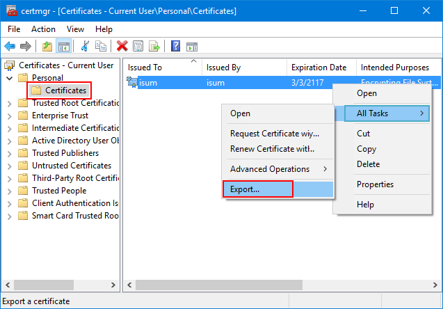 Export EFS certificates