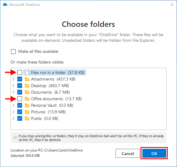 uncheck files you don't want to sync