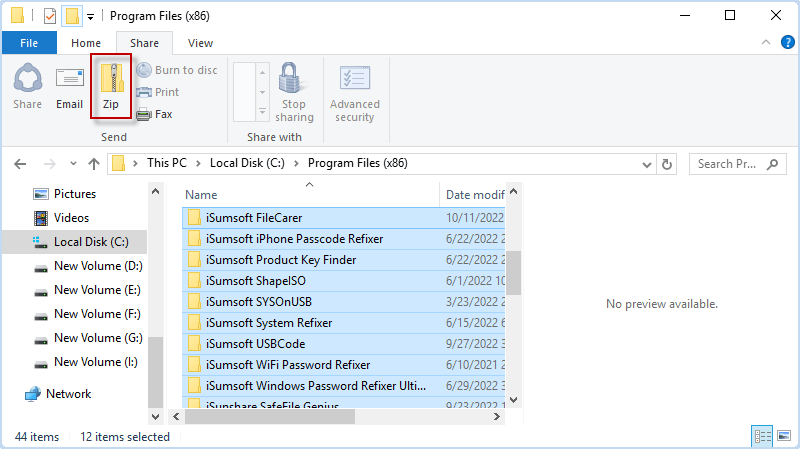 choose program files and click Share > Zip