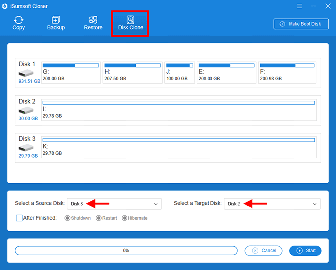 select source and target usb flash drive