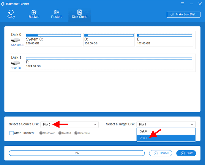 select source and destination disk