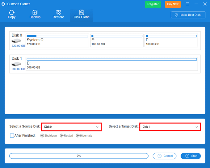 select source and target hard drives