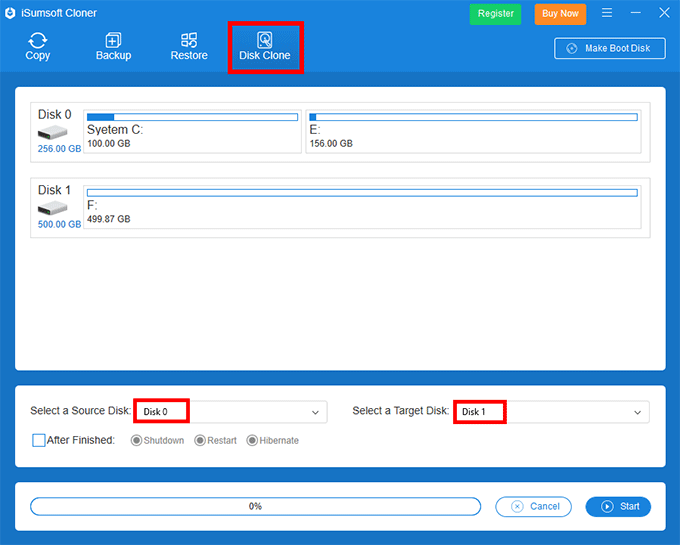 select source and target disks