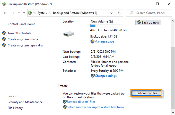 click Restore my files