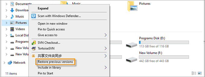 click Restore previous versions