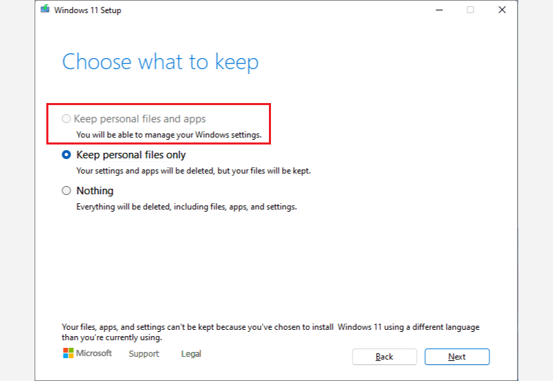 select keep personal apps and files