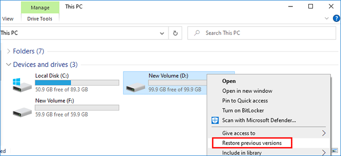 select Restore previous versions