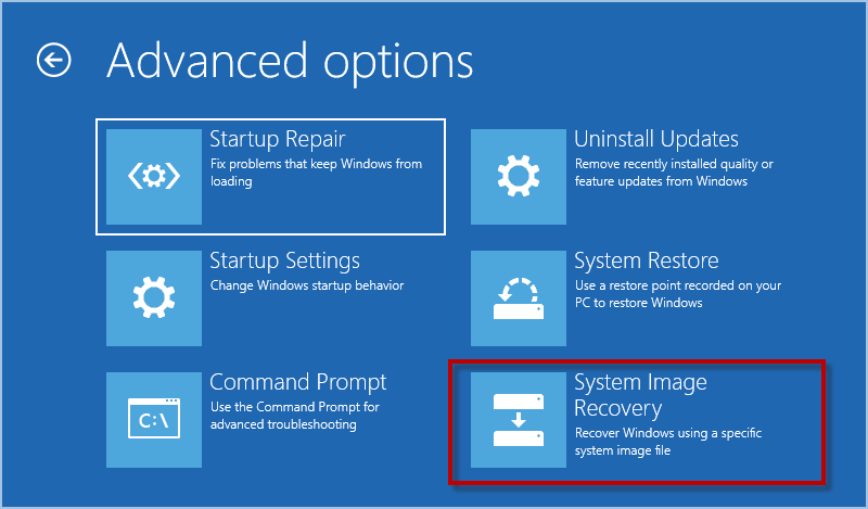 choose troubleshoot > Advanced options > System Image.