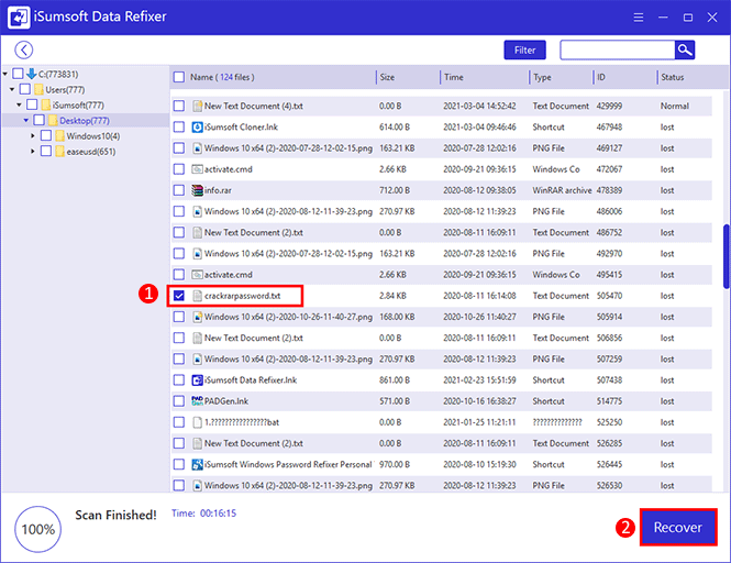 select notepad file and click Recover