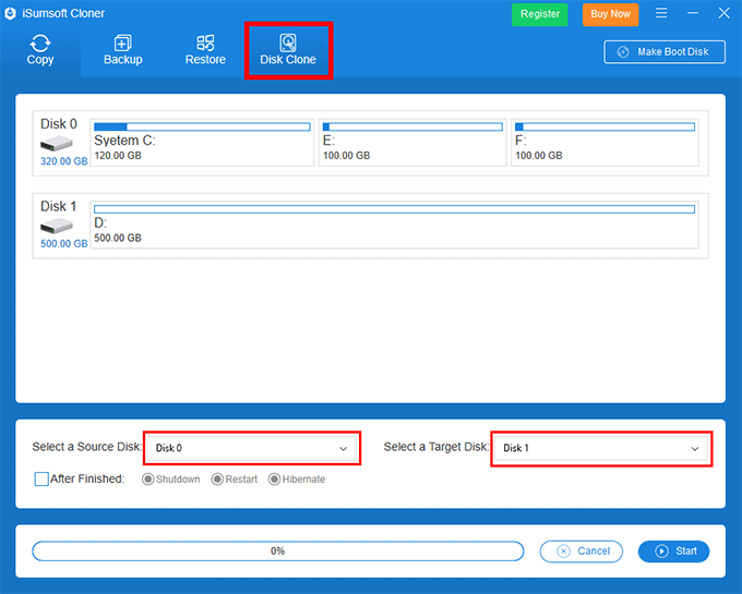 select source and destination disks