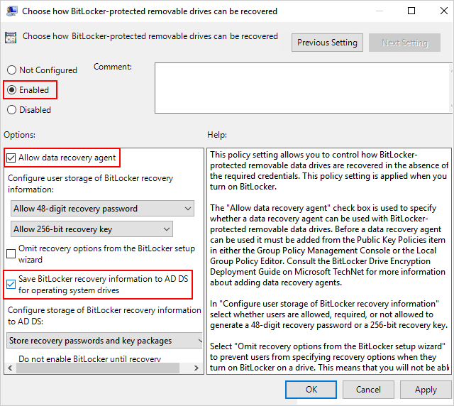 Save recovery information to AD for Operating System Drives