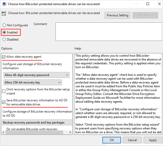 Allow saving recovery key to removable drive