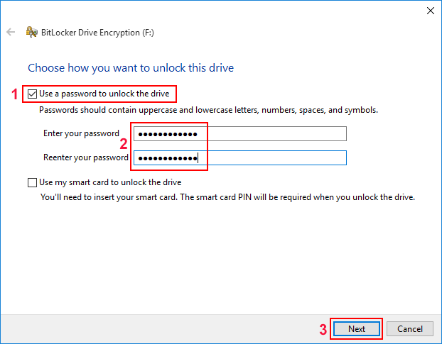 Enter password to enable BitLocker