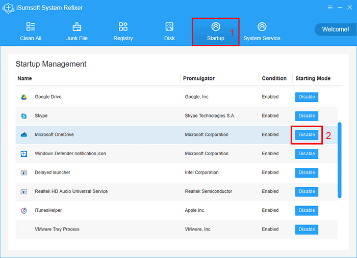 click Disable next to Microsoft OneDrive