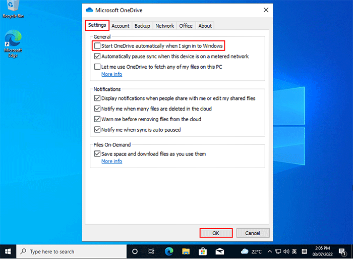 uncheck Start Onedrive automatically