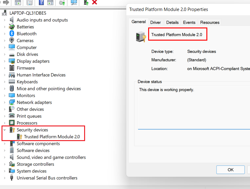 Open TPM device tree on Device Manager