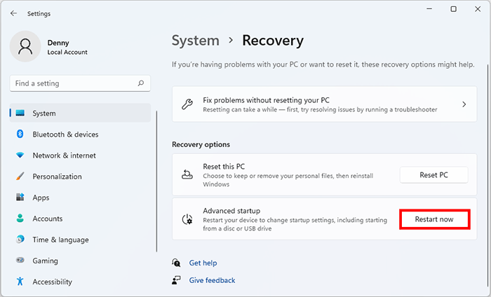 click Restart now within Advanced options