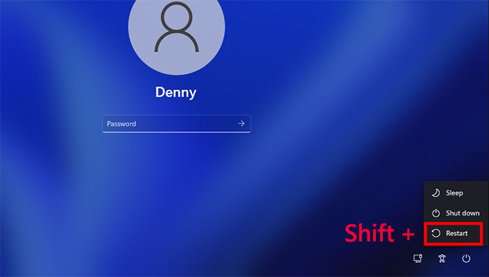press Shift + Restart on login screen