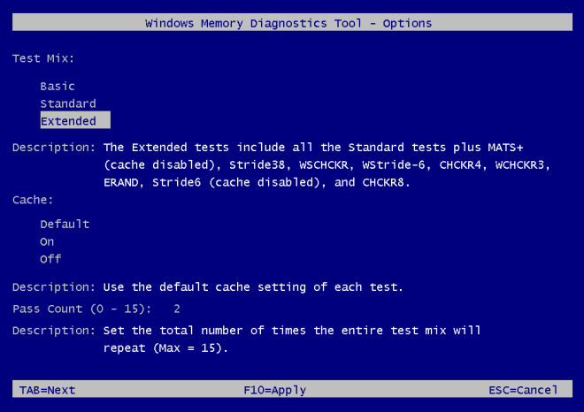 Advanced options for running the Memory Diagnostics tool