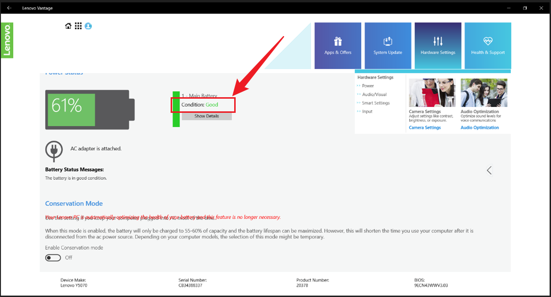 Check battery health from lenovo vantage