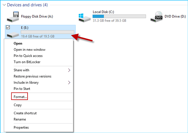 Right-click hard drive and select format