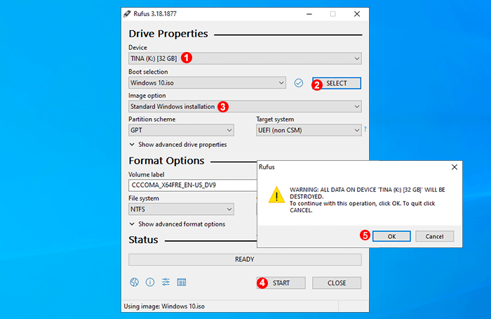 create Windows 10 bootable USB from ISO using Rufus