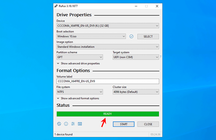 Windows 10 bootable USB drive is ready