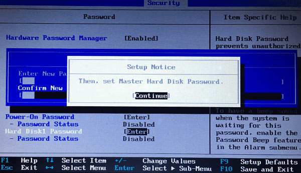 continue to setup master hard disk password