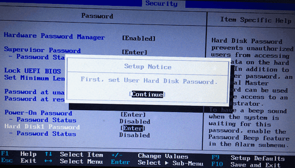 continue to setup user hard disk password