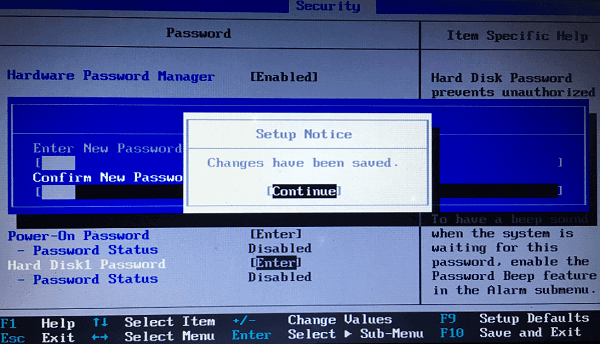 hdd password changes have been saved