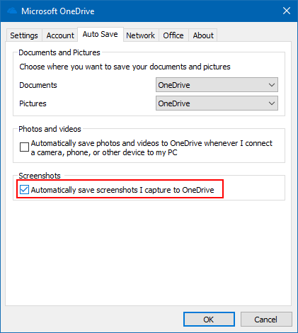 Auto save screenshots to OneDrive