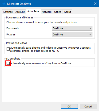 Turn off auto save screenshots to OneDrive