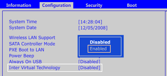 Enable vt-x in Acer system