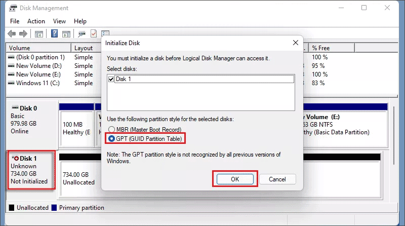 initializa it as gpt partition type