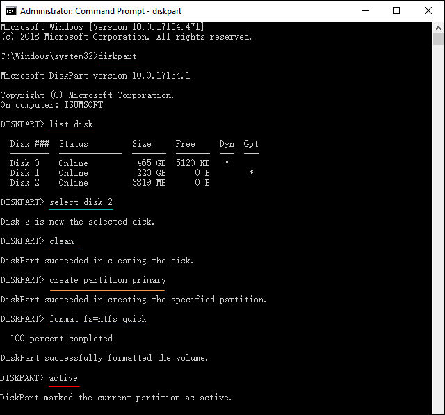 Format USB drive using command prompt