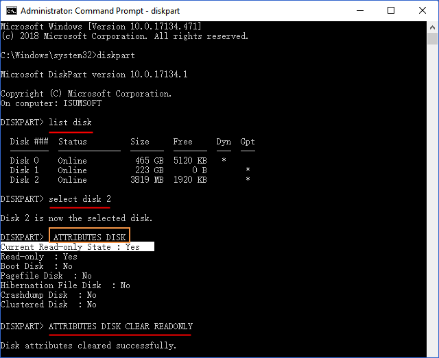 Remove Write Protection via Diskpart Command