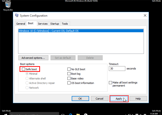 uncheck safe boot