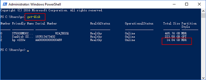 enter get-disk and check disk information