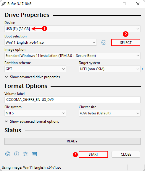 select Windows 11 ISO file and click Start