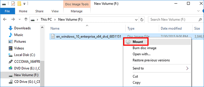 mount Windows 10 ISO on the computer