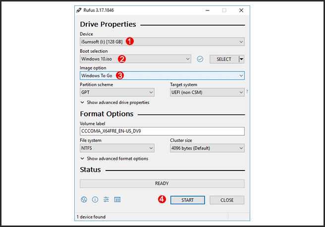 select USB drive and add ISO file