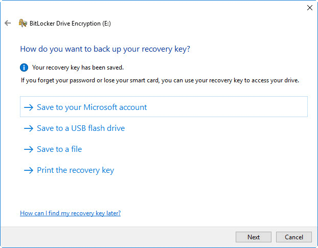 save recovery key