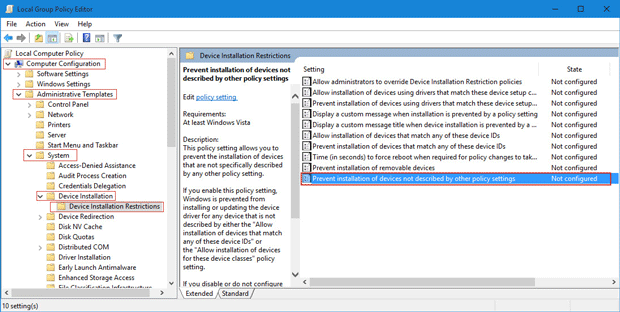 prevent installation of devices not describled by other policy settings