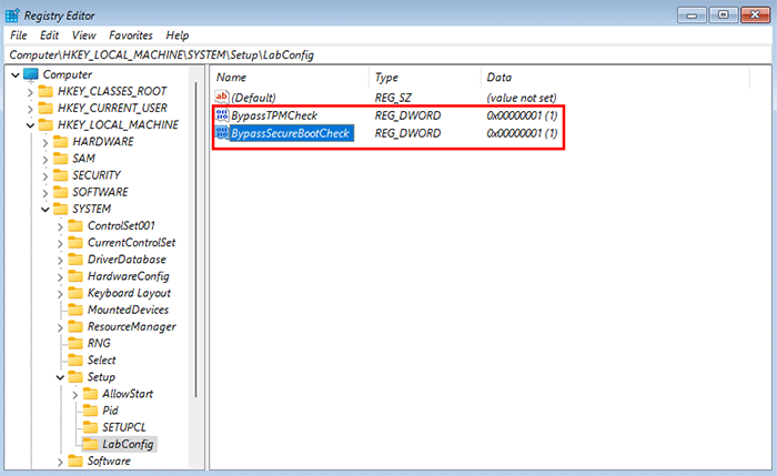 Create BypassSecureBootCheck value and set its value data to 1