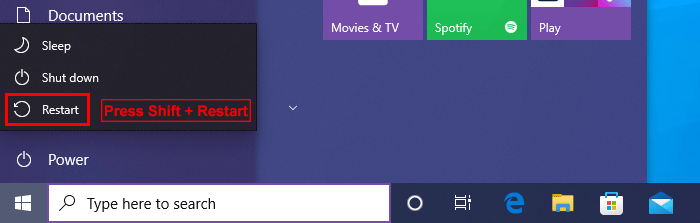 press Shift and Restart together