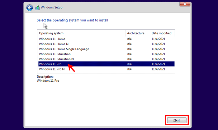 select Windows 11 edition to install