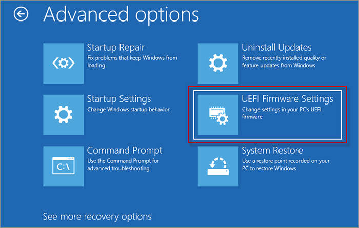 Troubleshoot > Advanced options > UEFI Firmware Settings