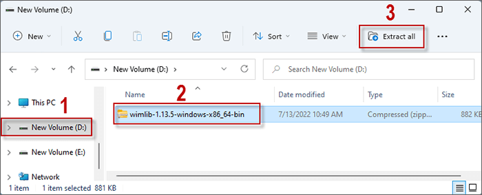 Download and etract wimlib-imagex to D drive