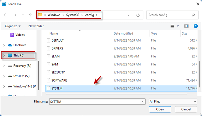 enter W disk > Windows > System32 > config and click on Sytem file