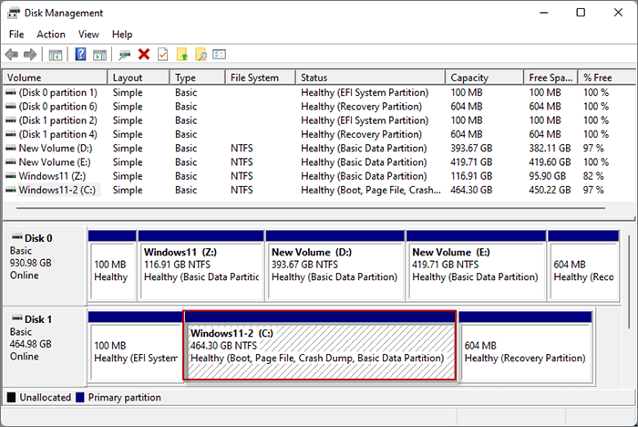  open Disk Manager to see the moved Windows 11 on the new m.2 ssd